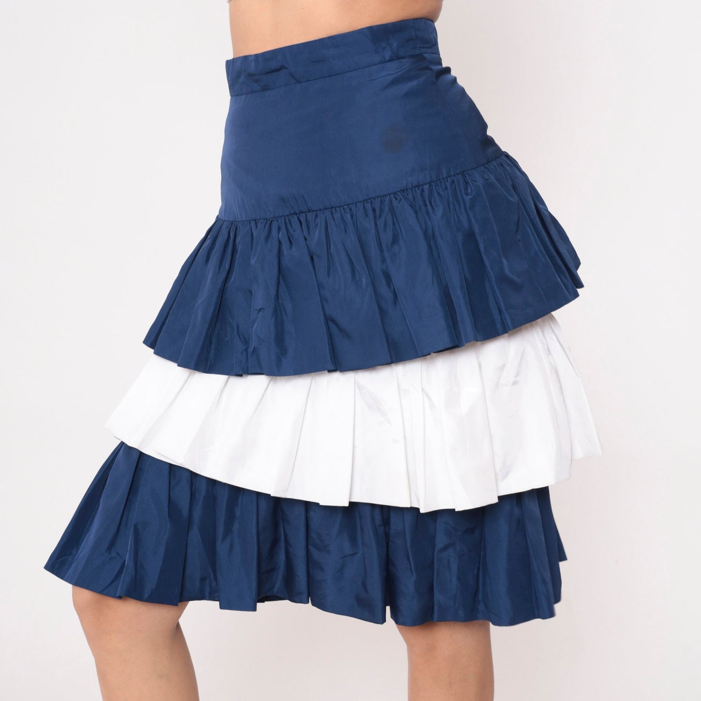 90s Tiered Midi Skirt Dark Blue White Color Block High Waist Small