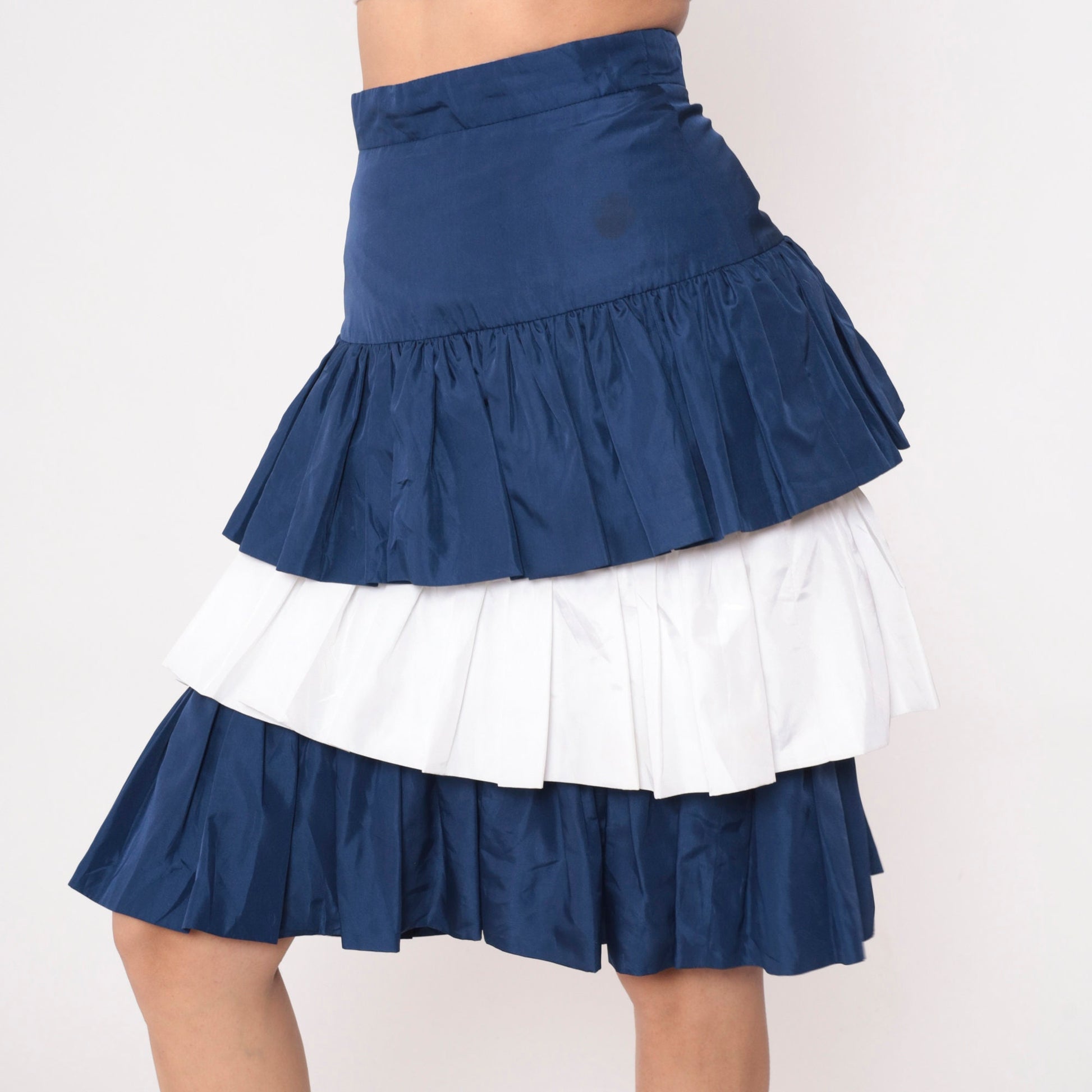 90s Tiered Midi Skirt Dark Blue White Color Block High Waist Small