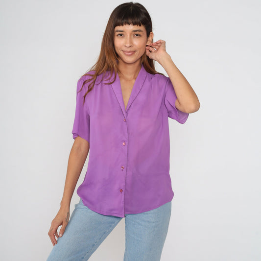 80s Purple Puff Sleeve Blouse Button Up Pleated Collared Top Large
