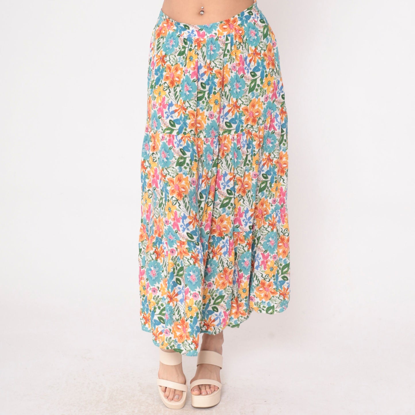 00s Cynthia Rowley Tiered Floral Maxi Skirt Blue Orange Pink Small