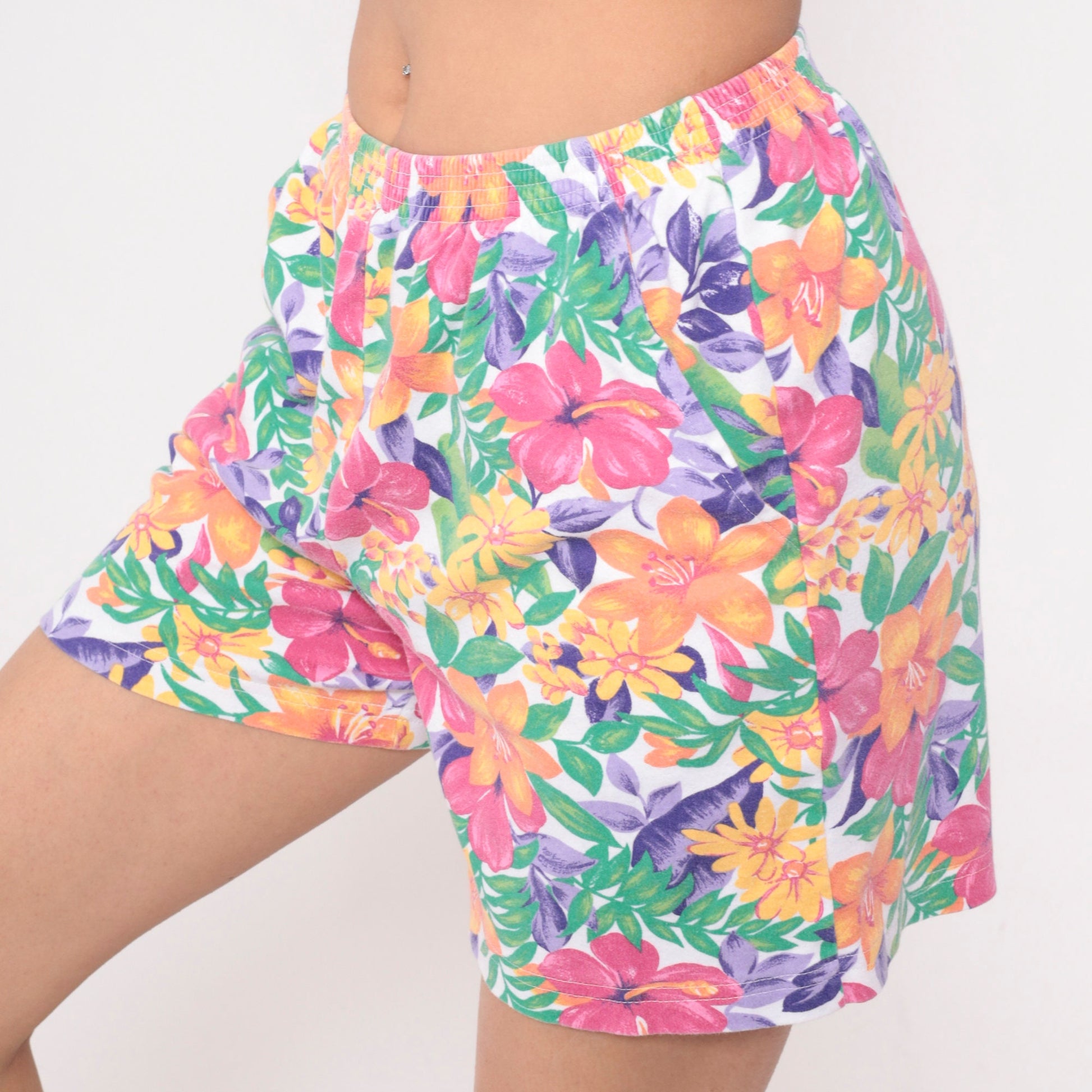 90s Tropical Floral Leaf Print High-Waist Shorts Multicolor Small