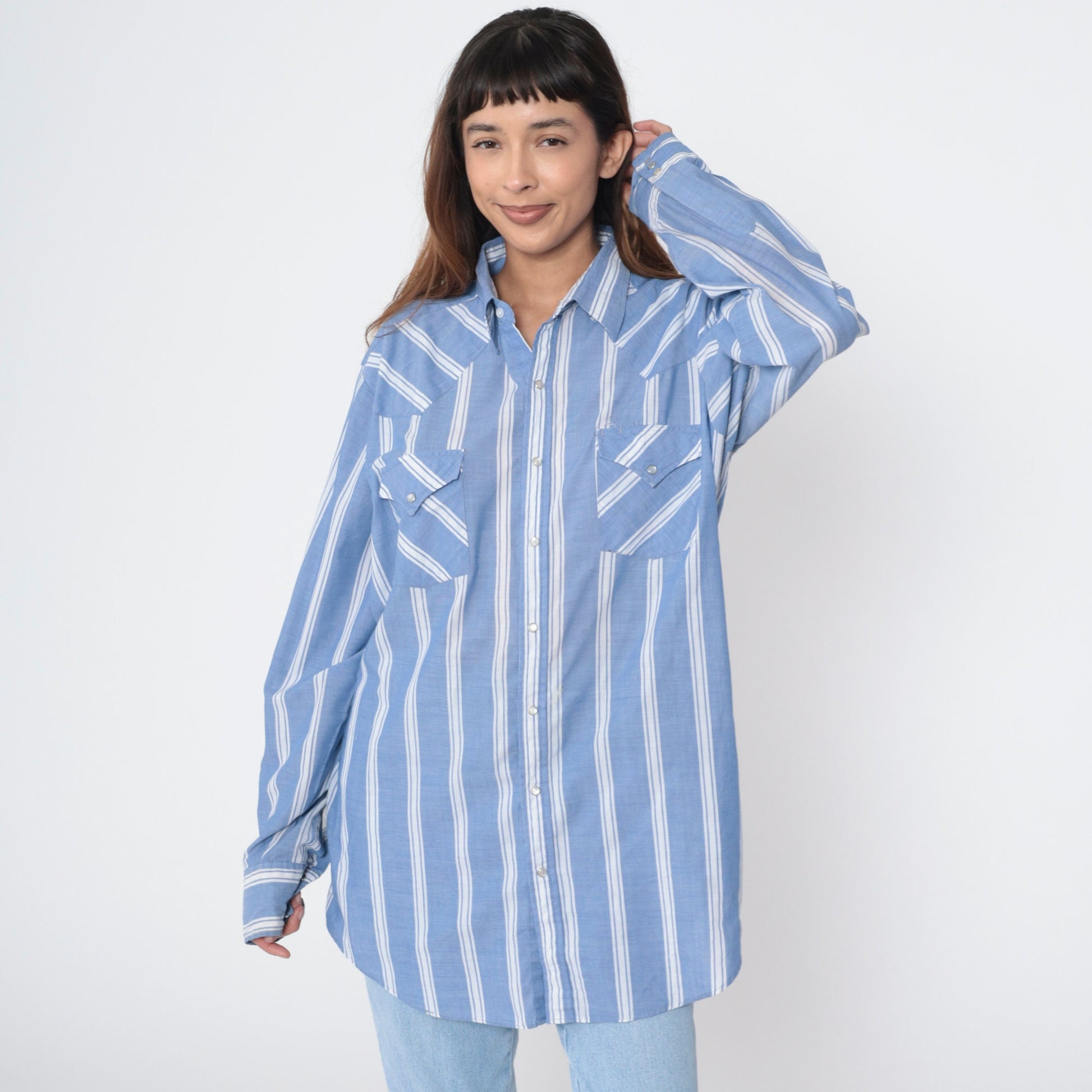 90s Western Pearl Snap Shirt Blue White Striped Long Sleeve Men's Extra Large