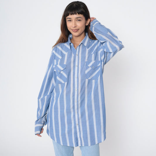 90s Western Pearl Snap Shirt Blue White Striped Long Sleeve Men's Extra Large