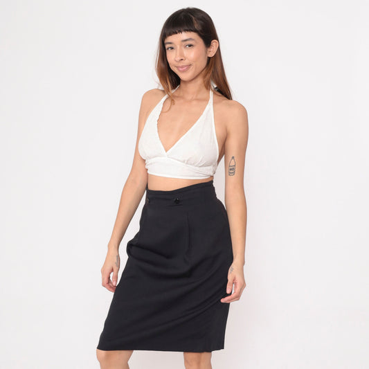 90s Black Pencil Skirt High Waisted Pleated Knee Length Medium