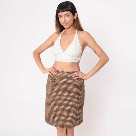 90s LeSuit Petite Brown Knit Skirt Dot Print High Waisted Pencil Small