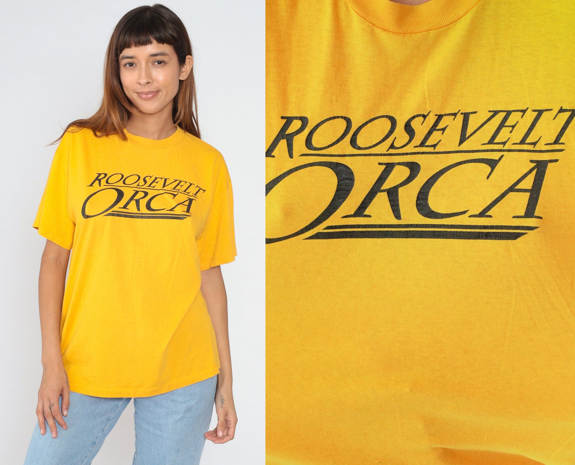 80s Roosevelt Orca Seattle High School Graphic Tee Yellow Single Stitch Large