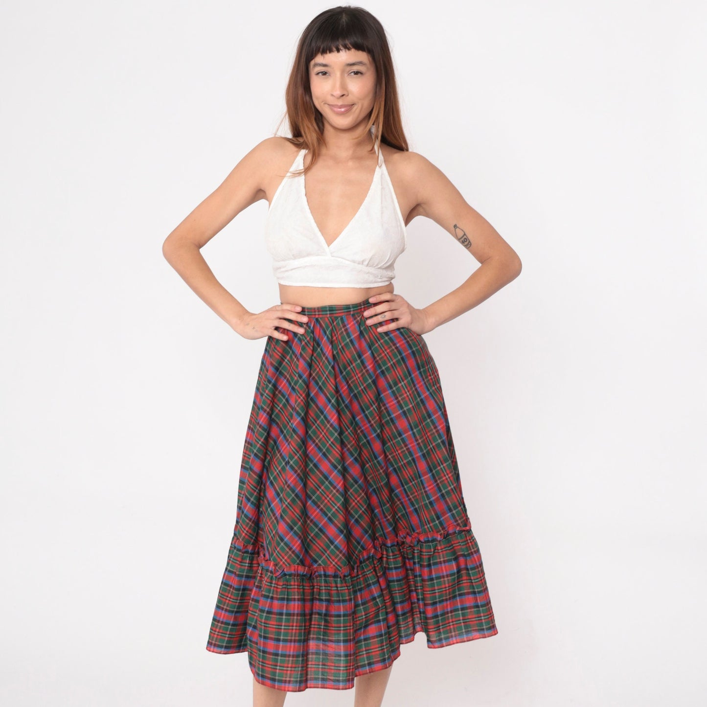 80s Plaid Midi Skirt Red Green Tartan High Waist Flounce Pocket Extra Small