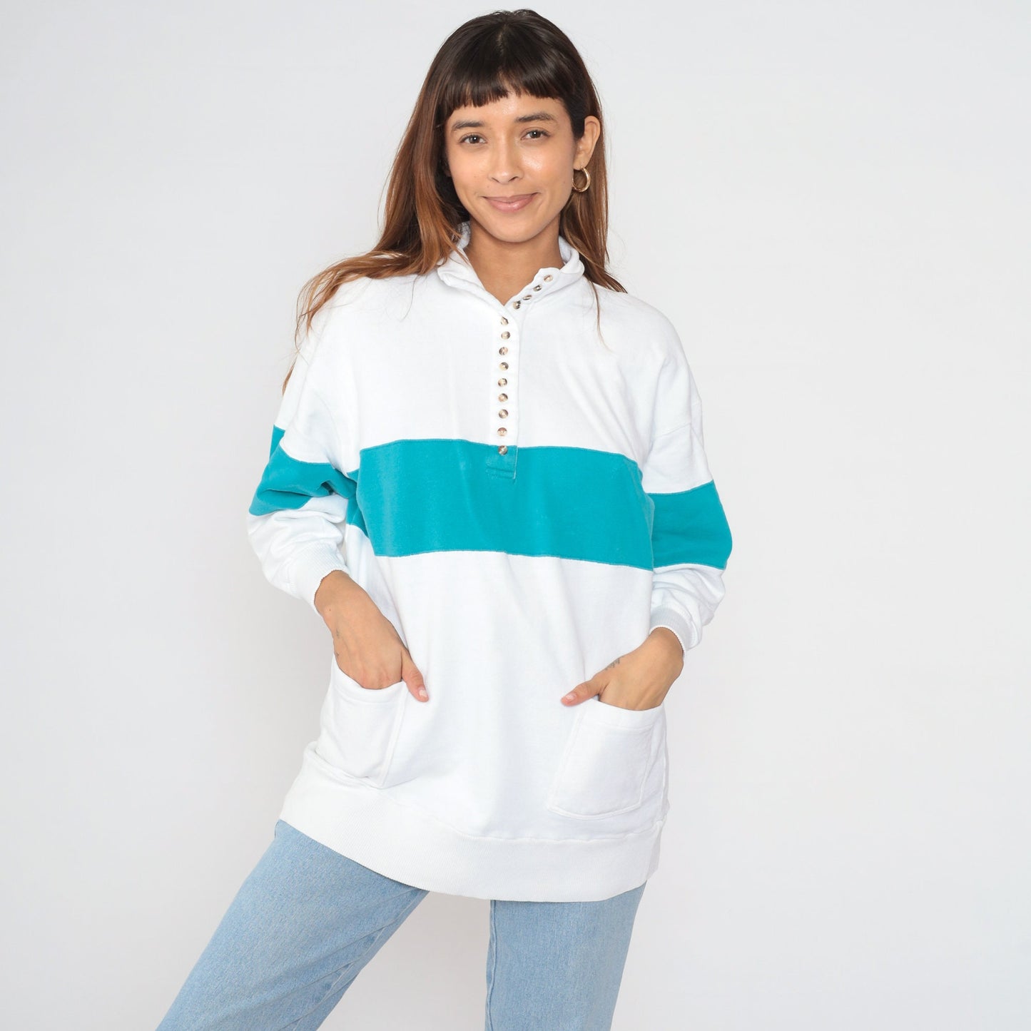 90s Striped Henley Sweatshirt White Blue Button-Up Pullover Cotton Large L