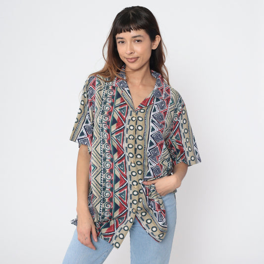 90s Southwestern Striped Button Up Blouse Geometric Print Green Red Beige Extra Large