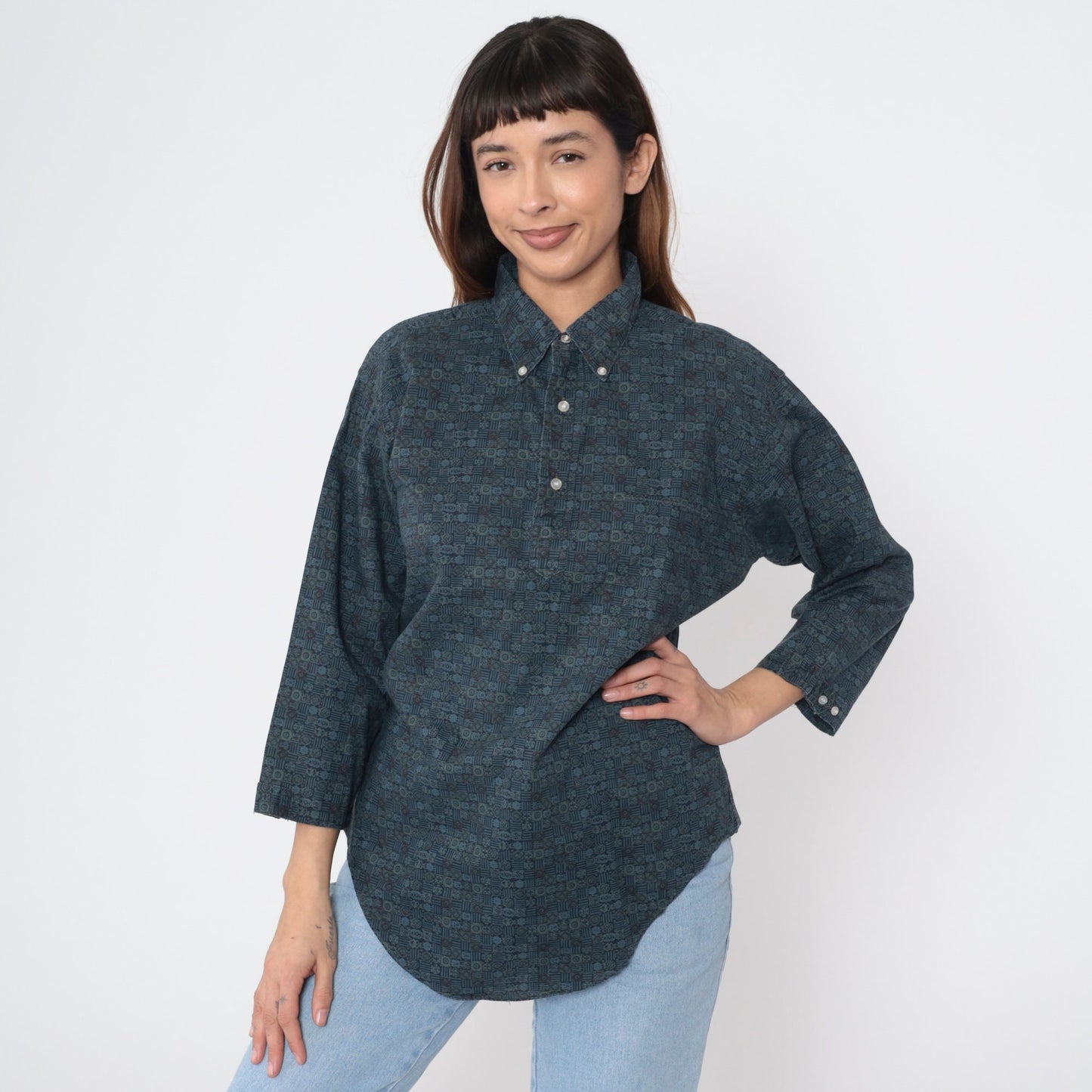 90s Towncraft Polo Shirt Blue Geometric Print Quarter Button 3/4 Sleeve Large L