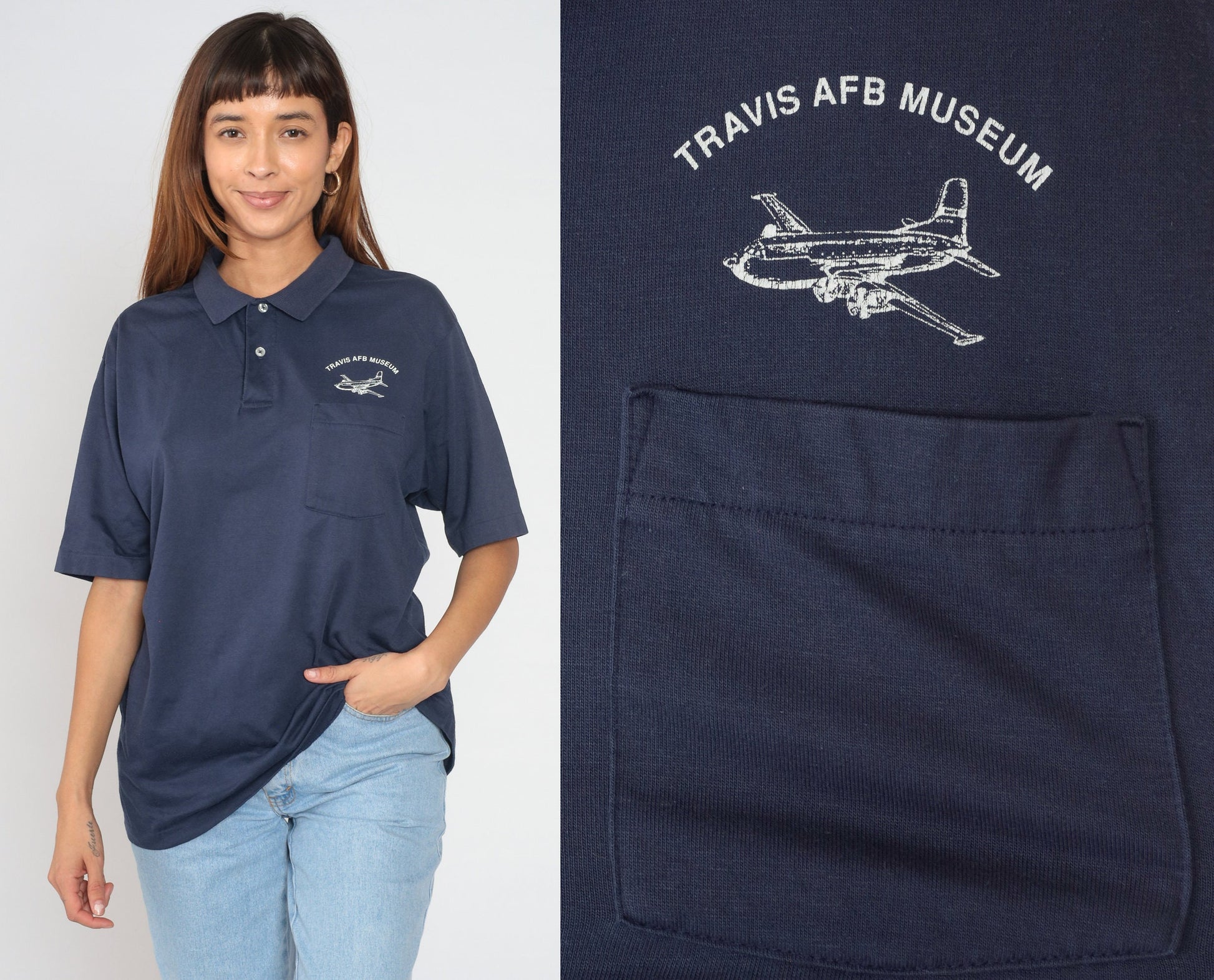 90s Travis AFB Navy Polo Shirt US Air Force Base Graphic Extra Large