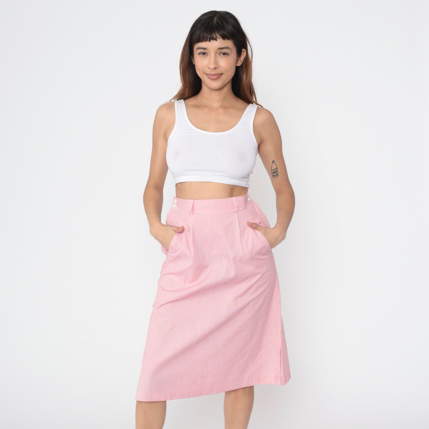80s Pink Pinstriped Midi Skirt High Waist Straight Cut Small S