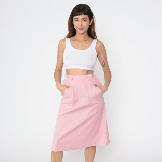 80s Pink Pinstriped Midi Skirt High Waist Straight Cut Small S