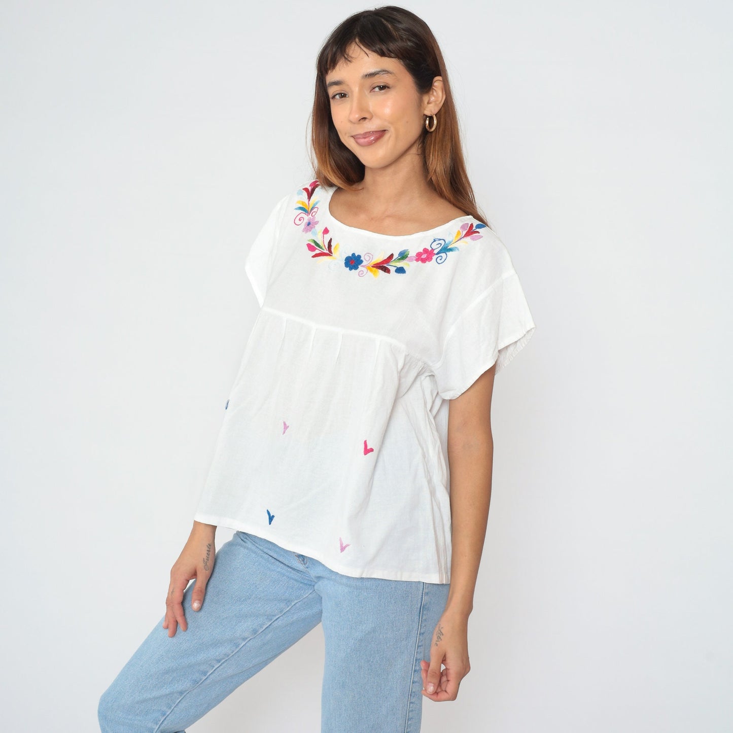 90s Mexican Floral Embroidered Blouse White Cotton Babydoll Empire Waist Small