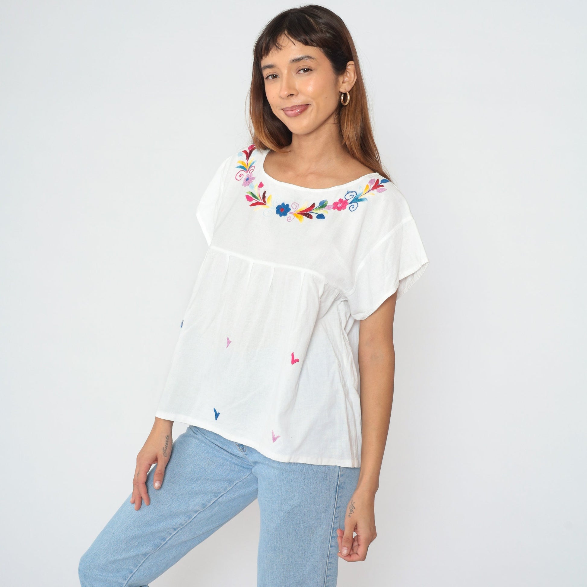 90s Mexican Floral Embroidered Blouse White Cotton Babydoll Empire Waist Small