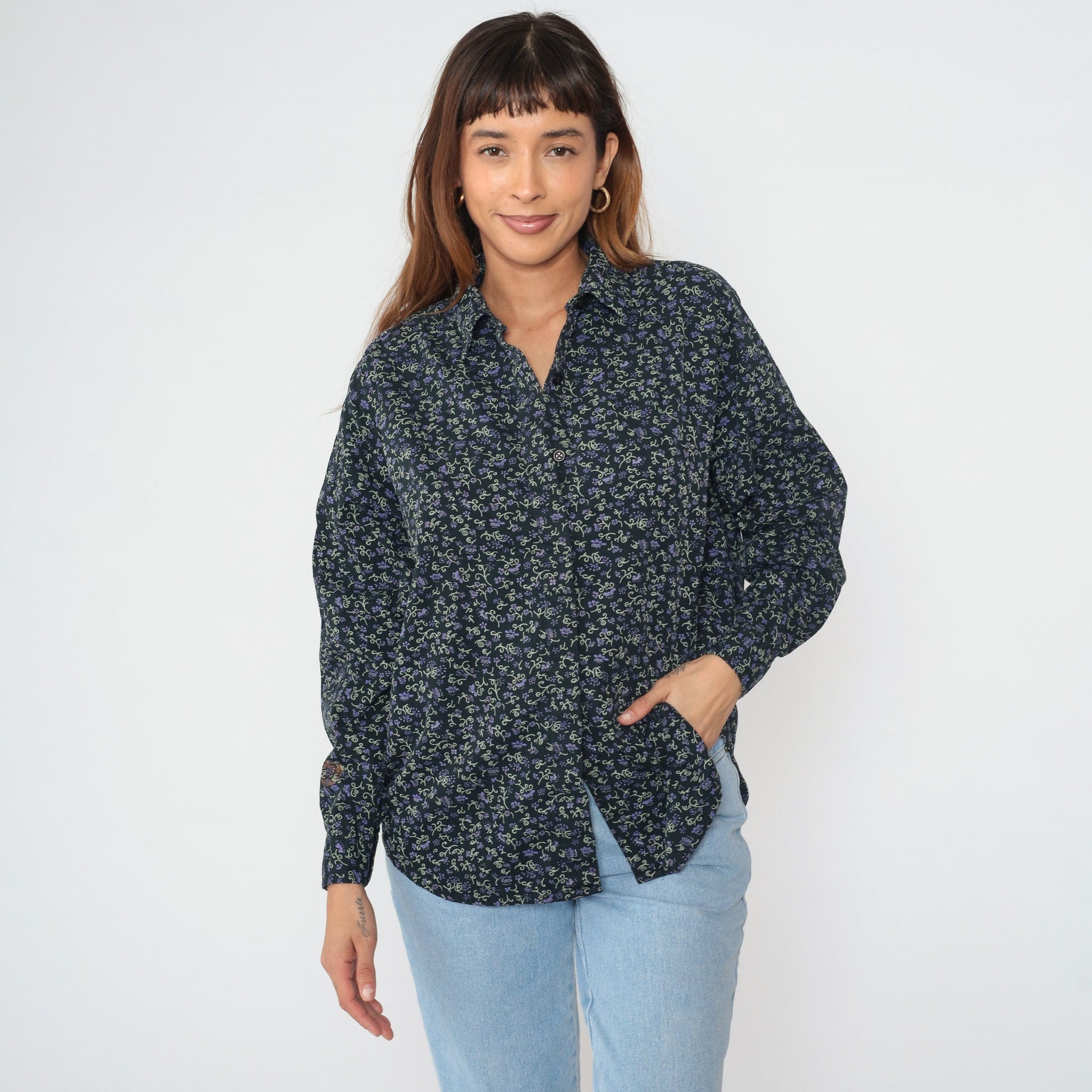 90s Black Corduroy Floral Button-Up Blouse Long Sleeve Collared Ditsy Print Large