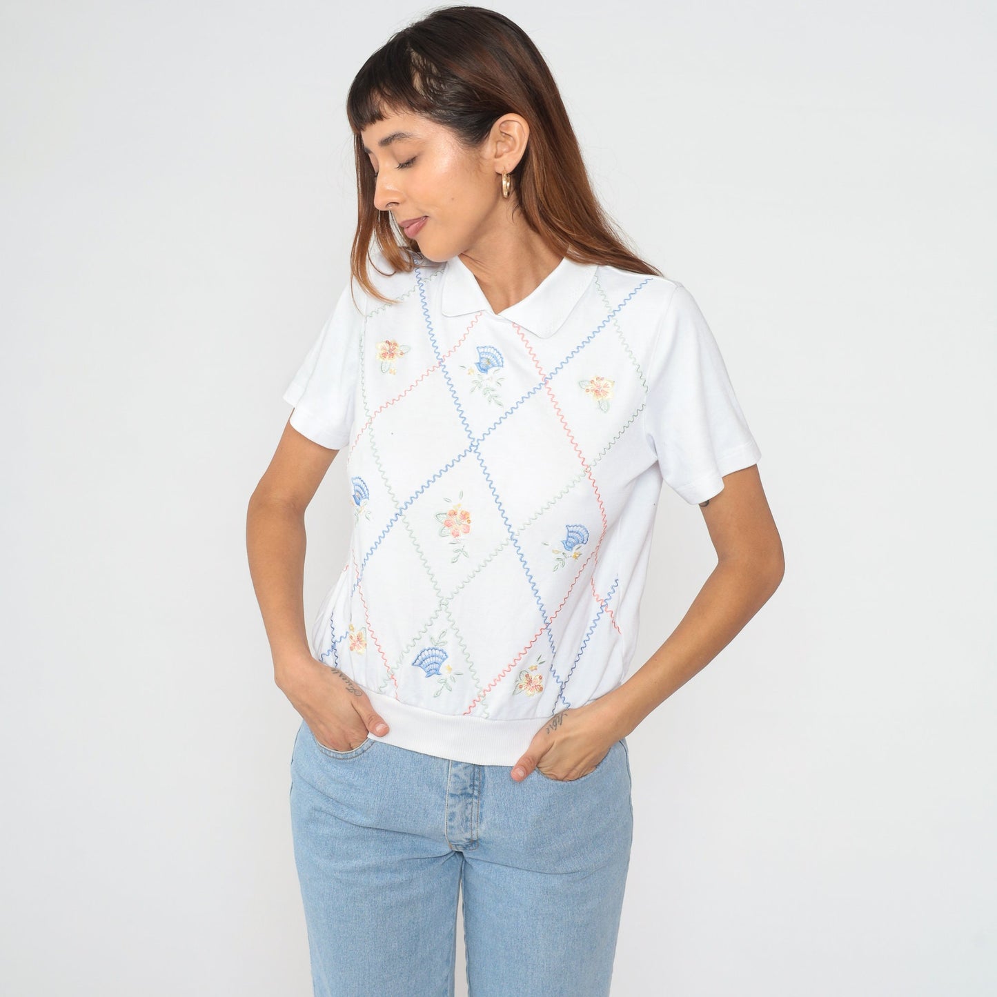 90s Alfred Dunner Floral Embroidered Polo Shirt White Sequin Pastel Small