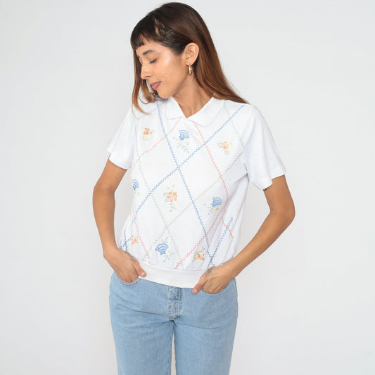 90s Alfred Dunner Floral Embroidered Polo Shirt White Sequin Pastel Small