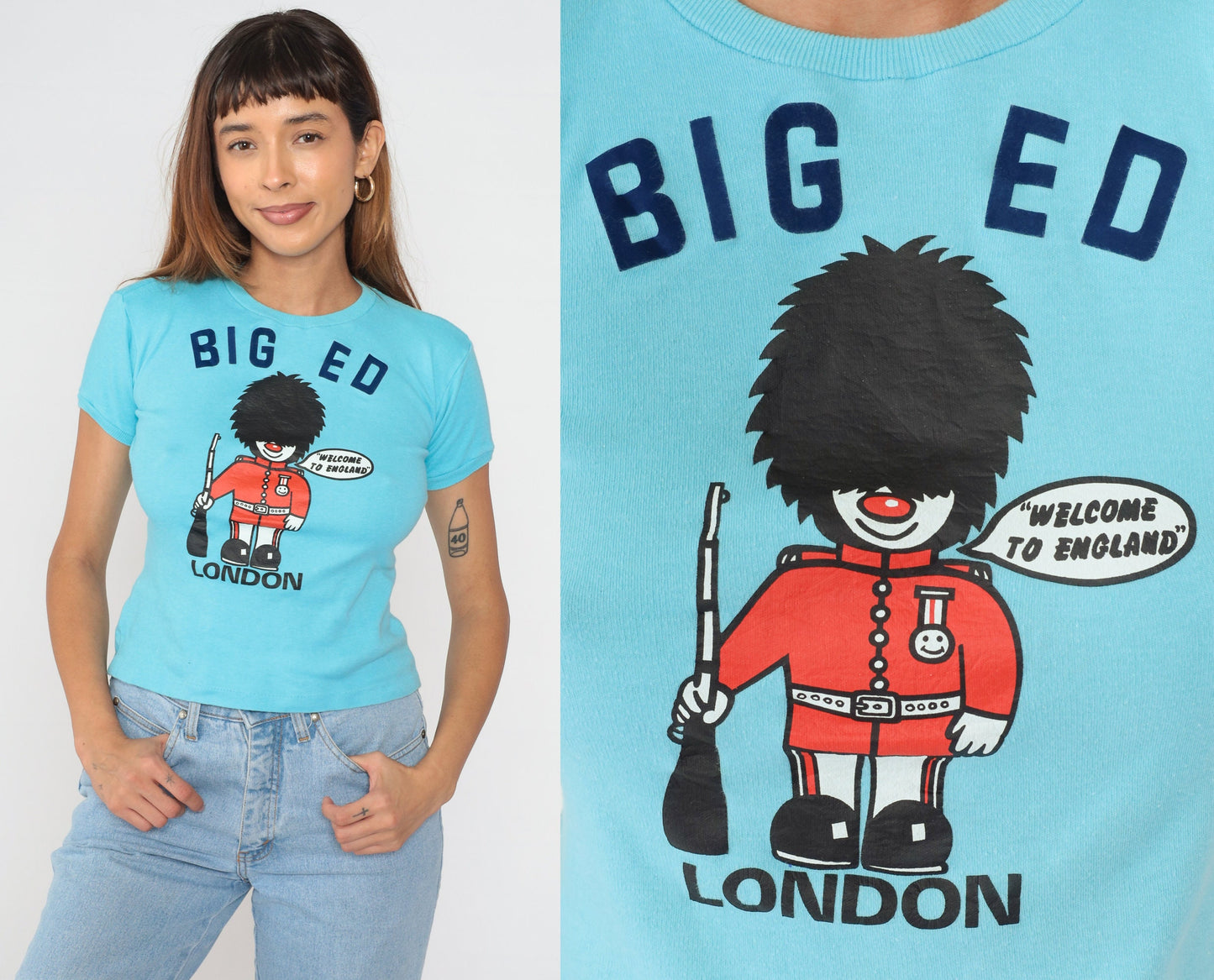 80s London King's Guard Big Ed Graphic Baby Tee Blue Cotton Small S
