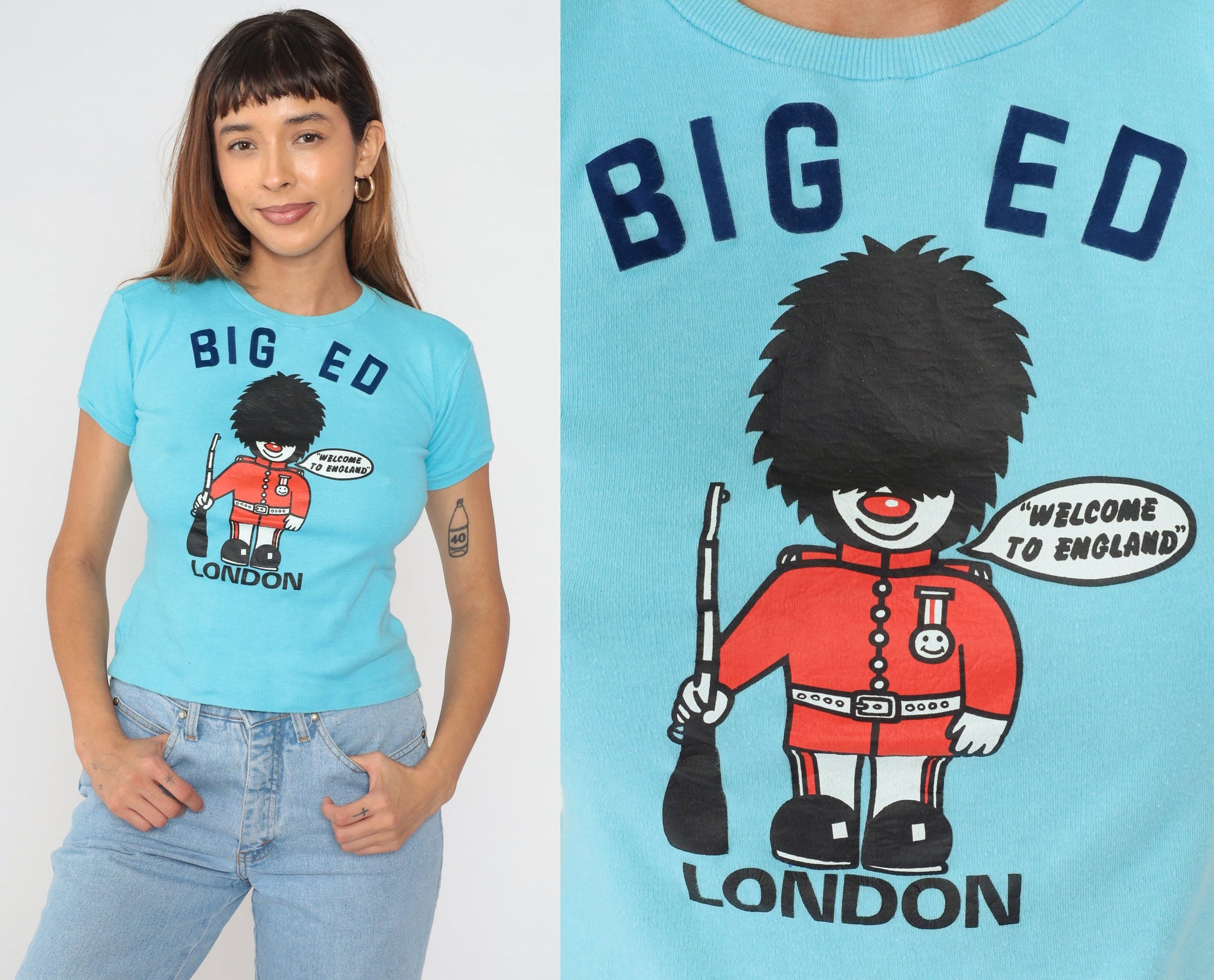 80s London King's Guard Big Ed Graphic Baby Tee Blue Cotton Small S
