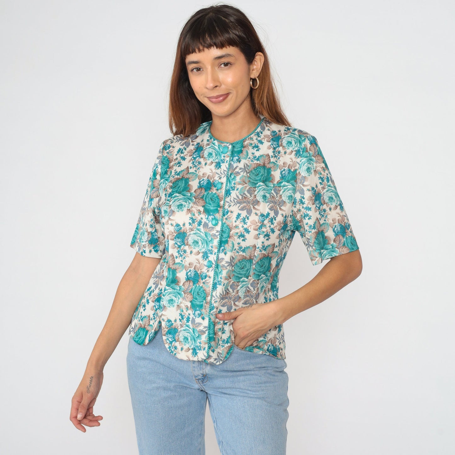 80s Blue Floral Button-Up Blouse Short Sleeve Rose Print Shirt Medium