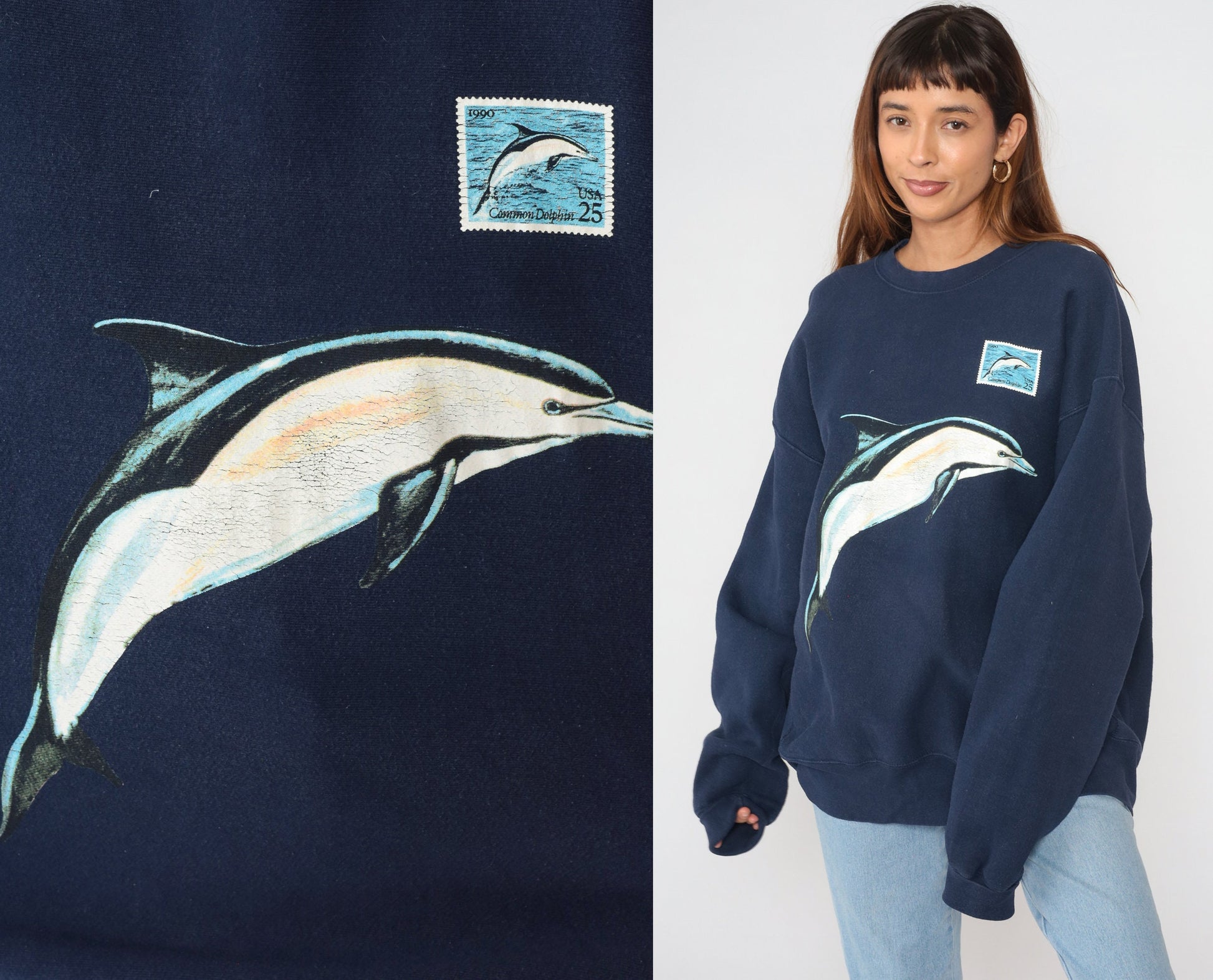 90s Lee Dolphin Graphic Sweatshirt Navy Blue Crewneck XXL