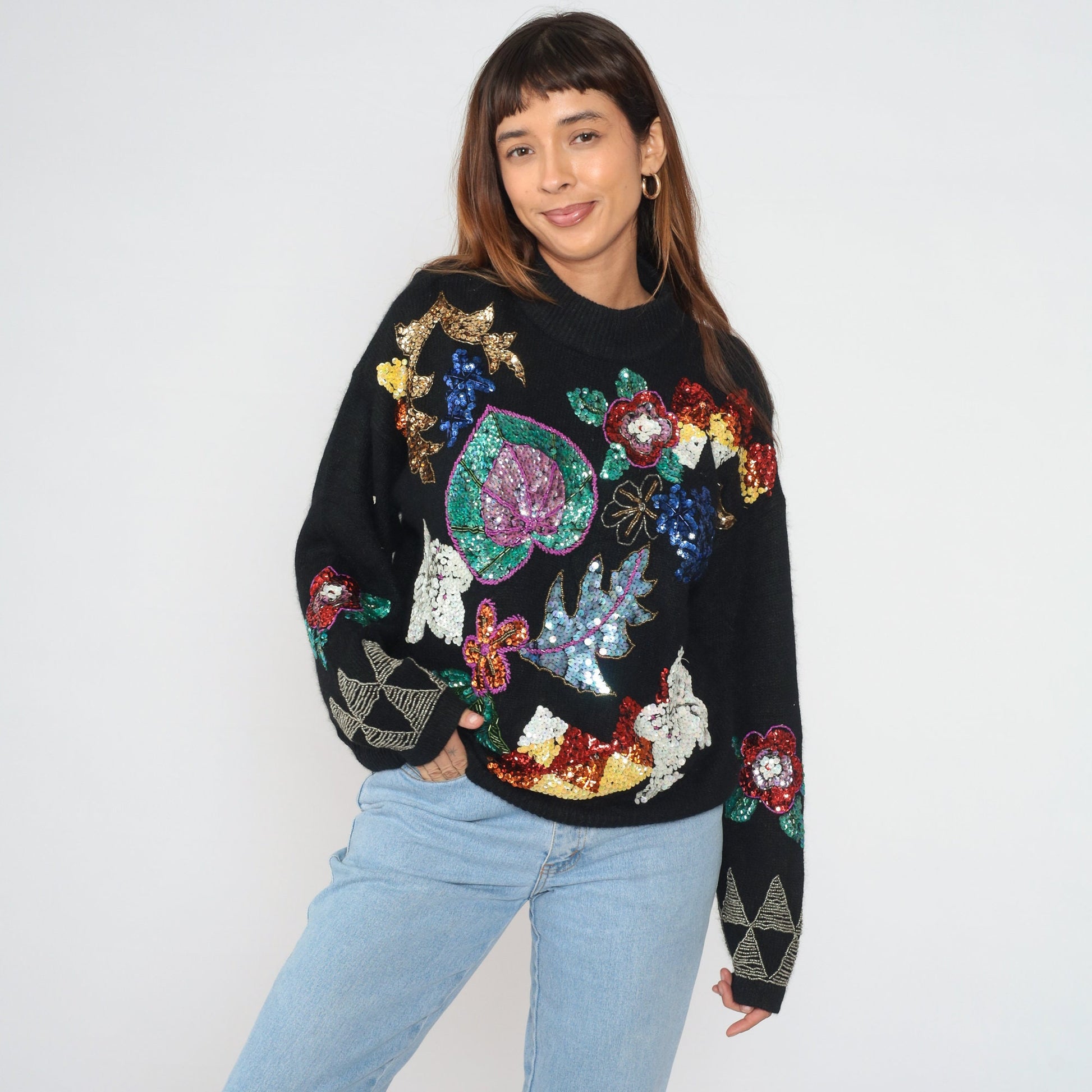 90s Black Sequin Floral Sweater Knit Pullover Silk Angora Blend Medium M