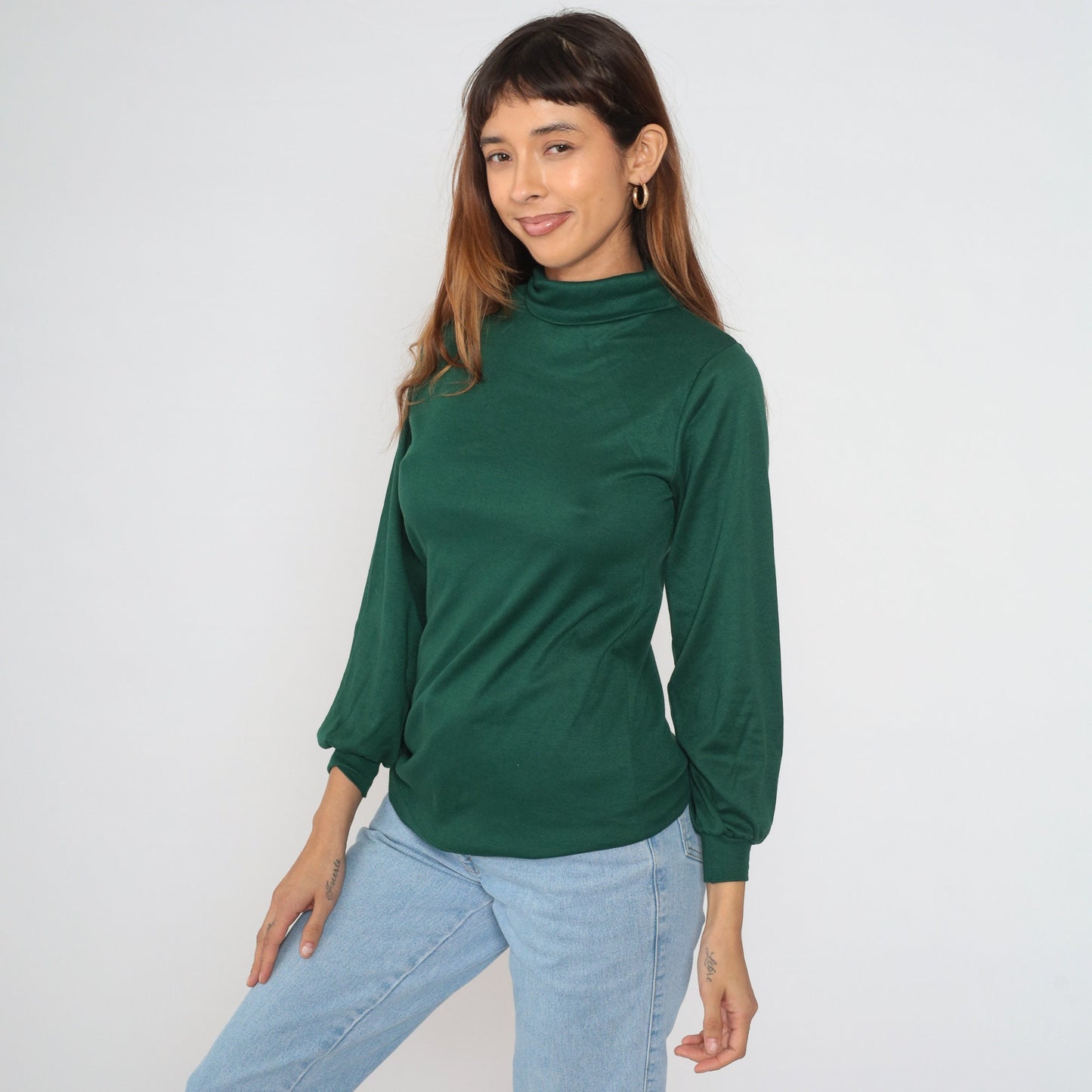 80s Forest Green Turtleneck Balloon Sleeve Blouse Large L