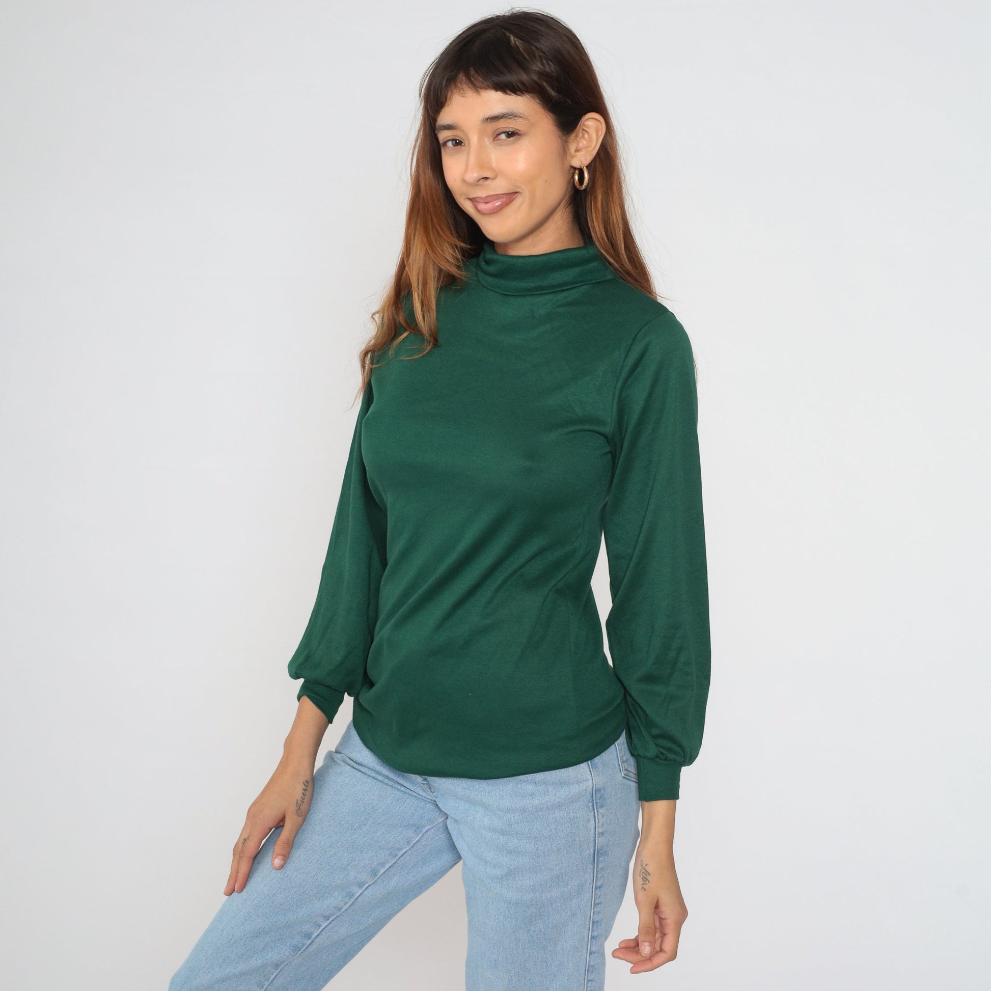 80s Forest Green Turtleneck Balloon Sleeve Blouse Large L