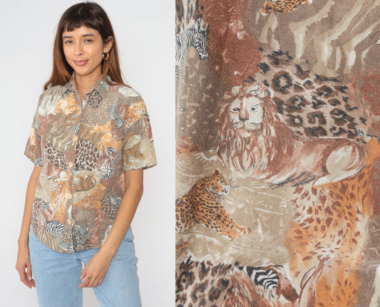 90s Safari Animal Print Button-Up Blouse Lion Zebra Elephant Medium