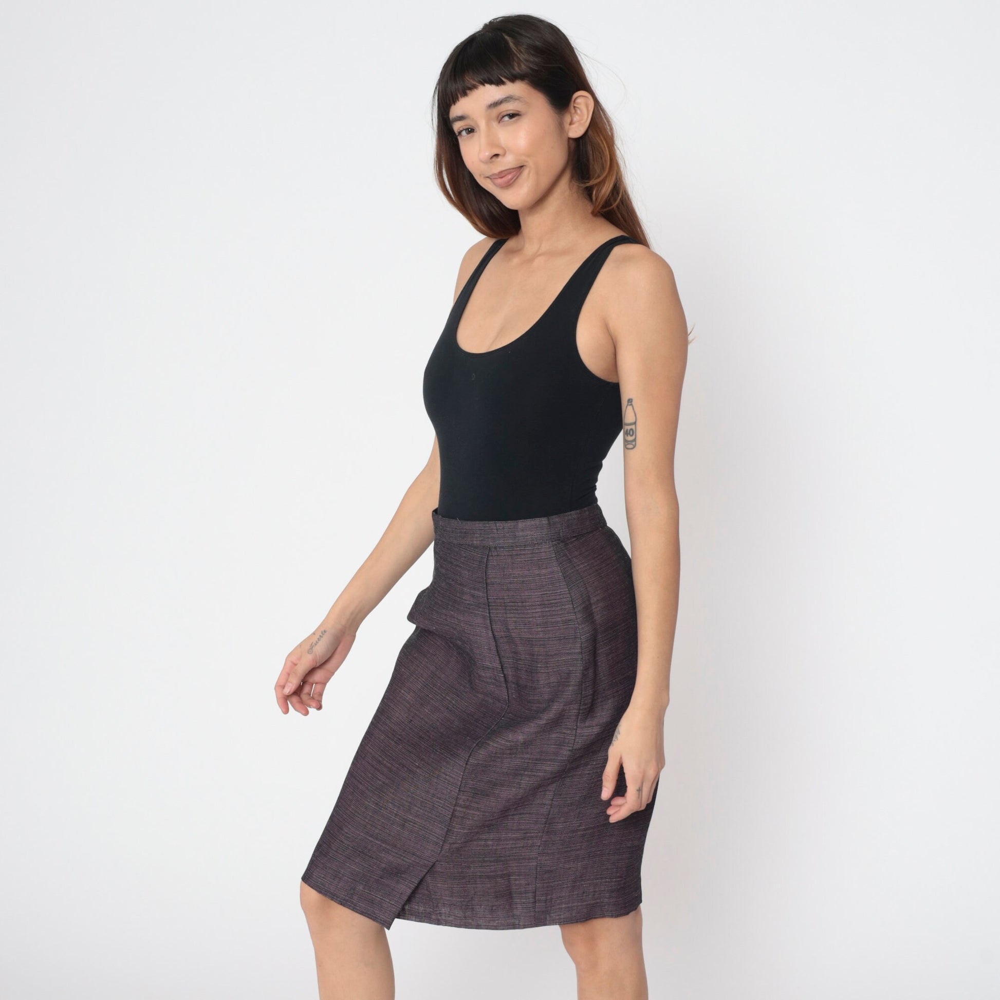 80s Heathered Black Pink Pencil Skirt High Waist Midi Kick Pleat Medium