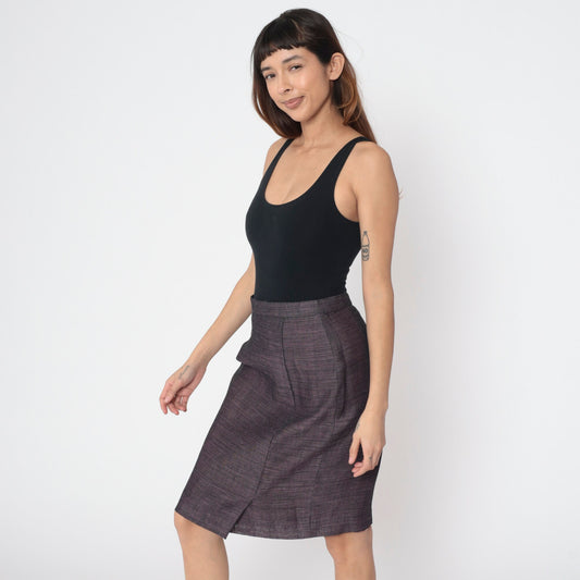 80s Heathered Black Pink Pencil Skirt High Waist Midi Kick Pleat Medium