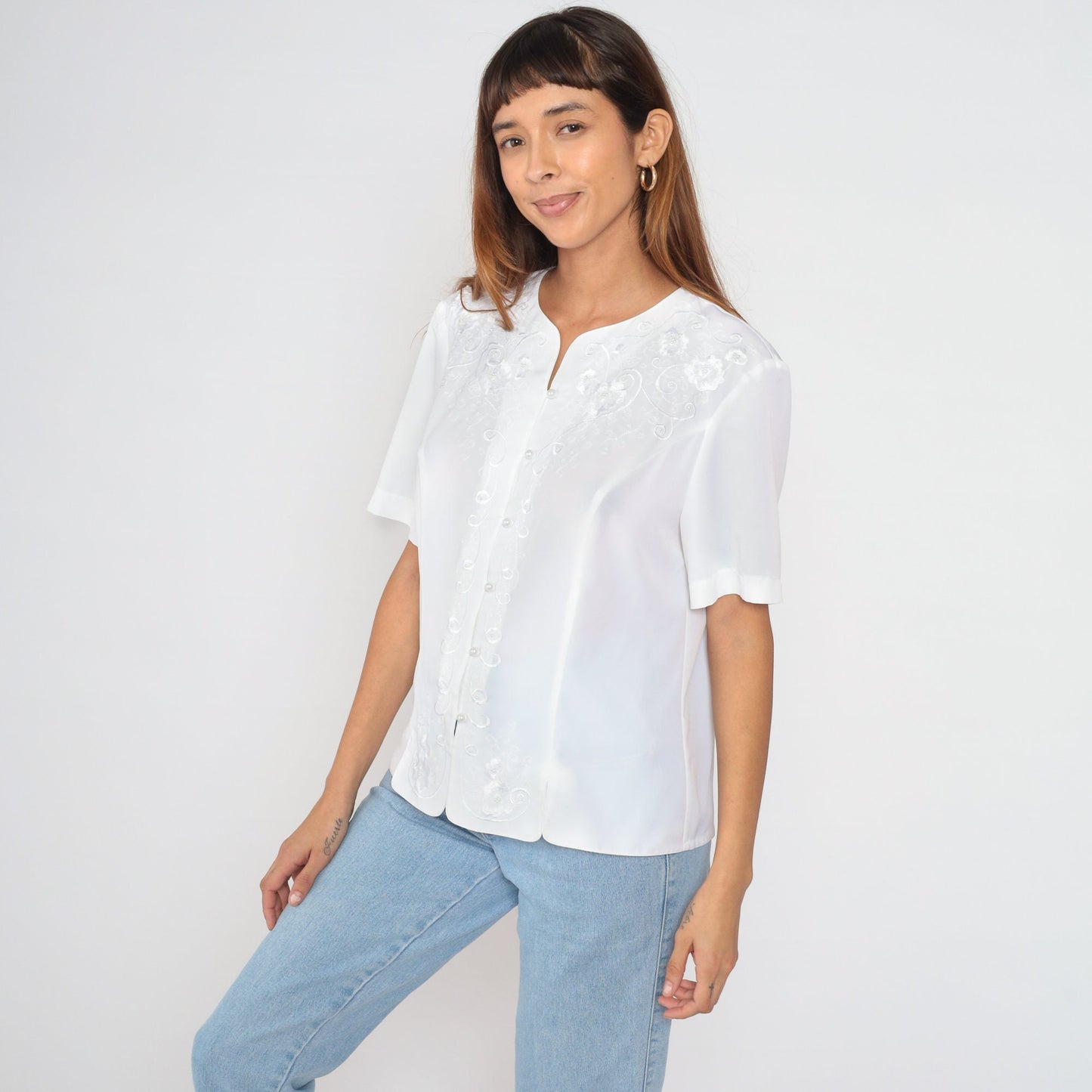90s White Embroidered Pearl Beaded Button-Up Blouse Short Sleeve Large L