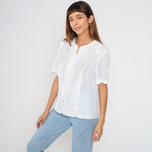 90s White Embroidered Pearl Beaded Button-Up Blouse Short Sleeve Large L