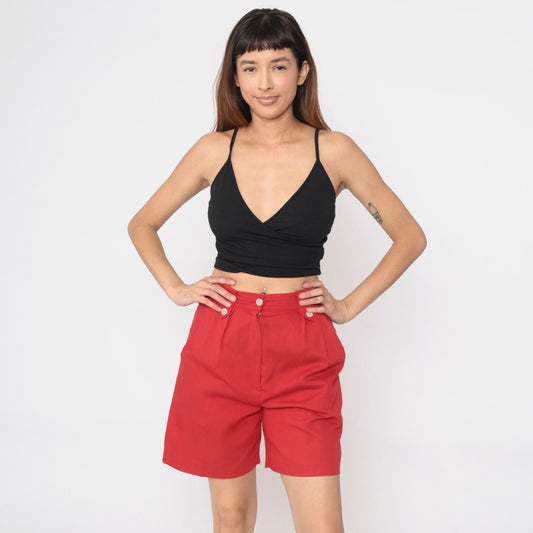 90s Red Pleated High-Waist Trouser Shorts Small 4