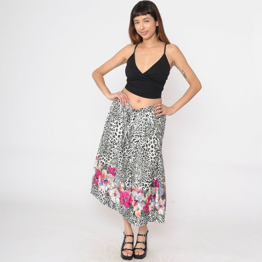 80s Leopard Zebra Floral Embossed Pleated Midi Skirt High Waist Black White Large