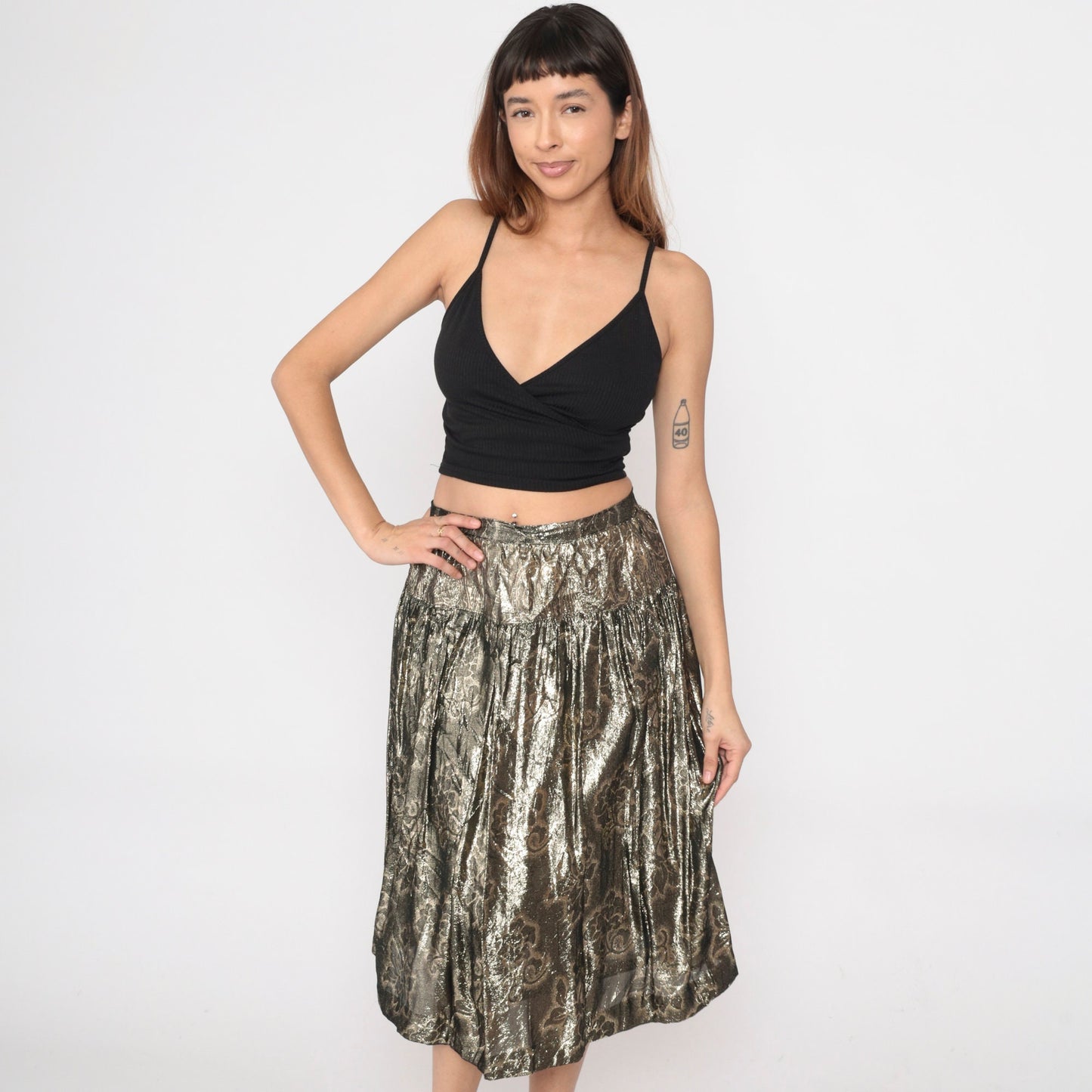 90s Gold Floral Midi Skirt High Waisted Metallic Yoke Small