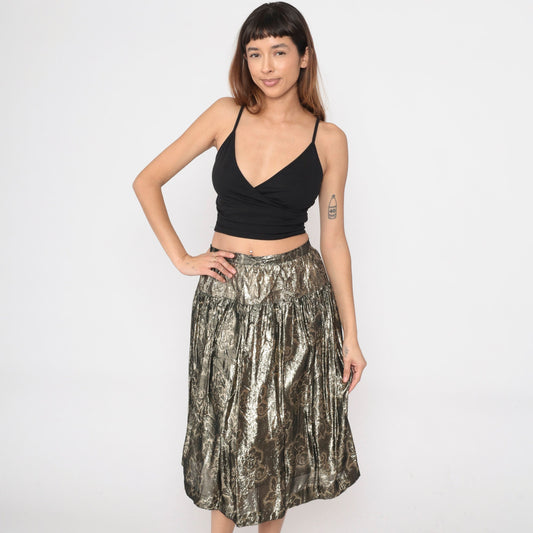 90s Gold Floral Midi Skirt High Waisted Metallic Yoke Small