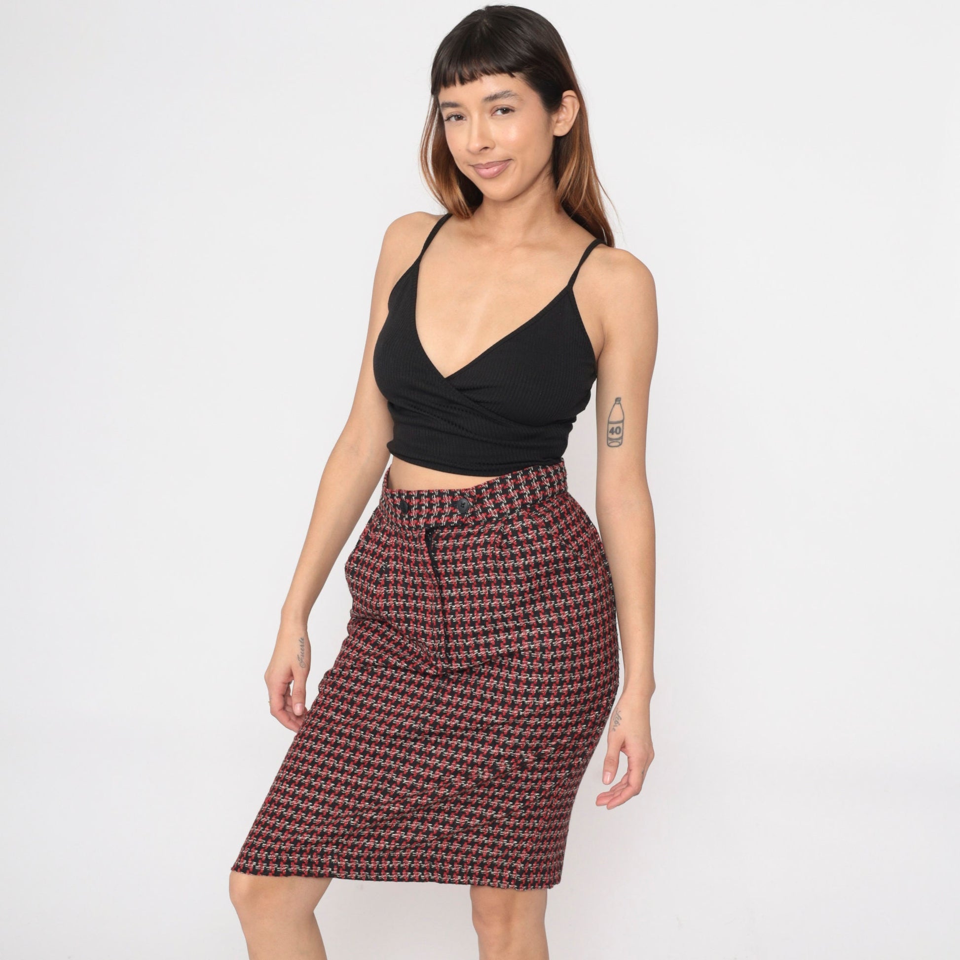 80s Diane von Furstenberg Houndstooth Pencil Skirt High Waisted Black Red White Small
