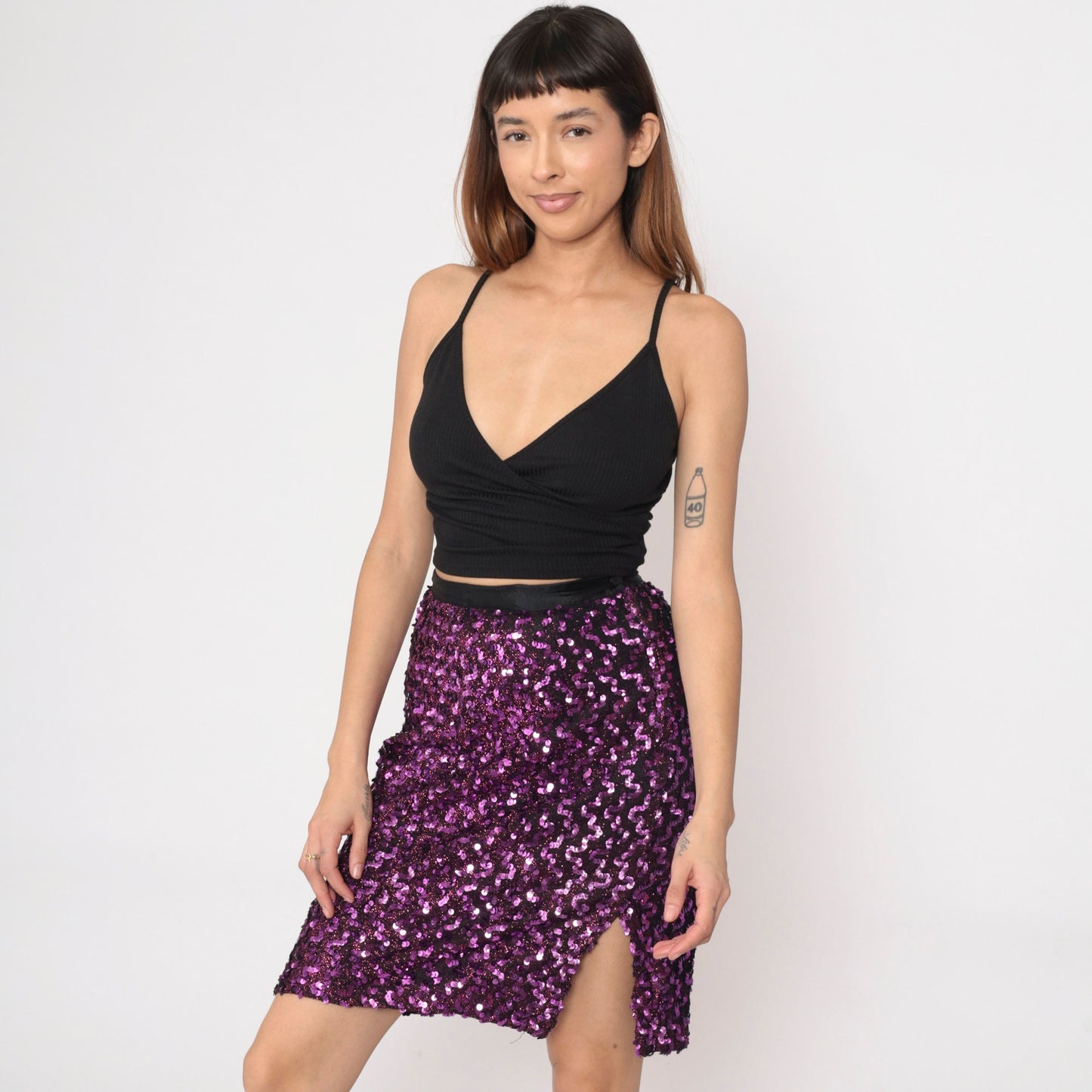 80s Purple Sequin Pencil Skirt High Waist Mini Slit Small S