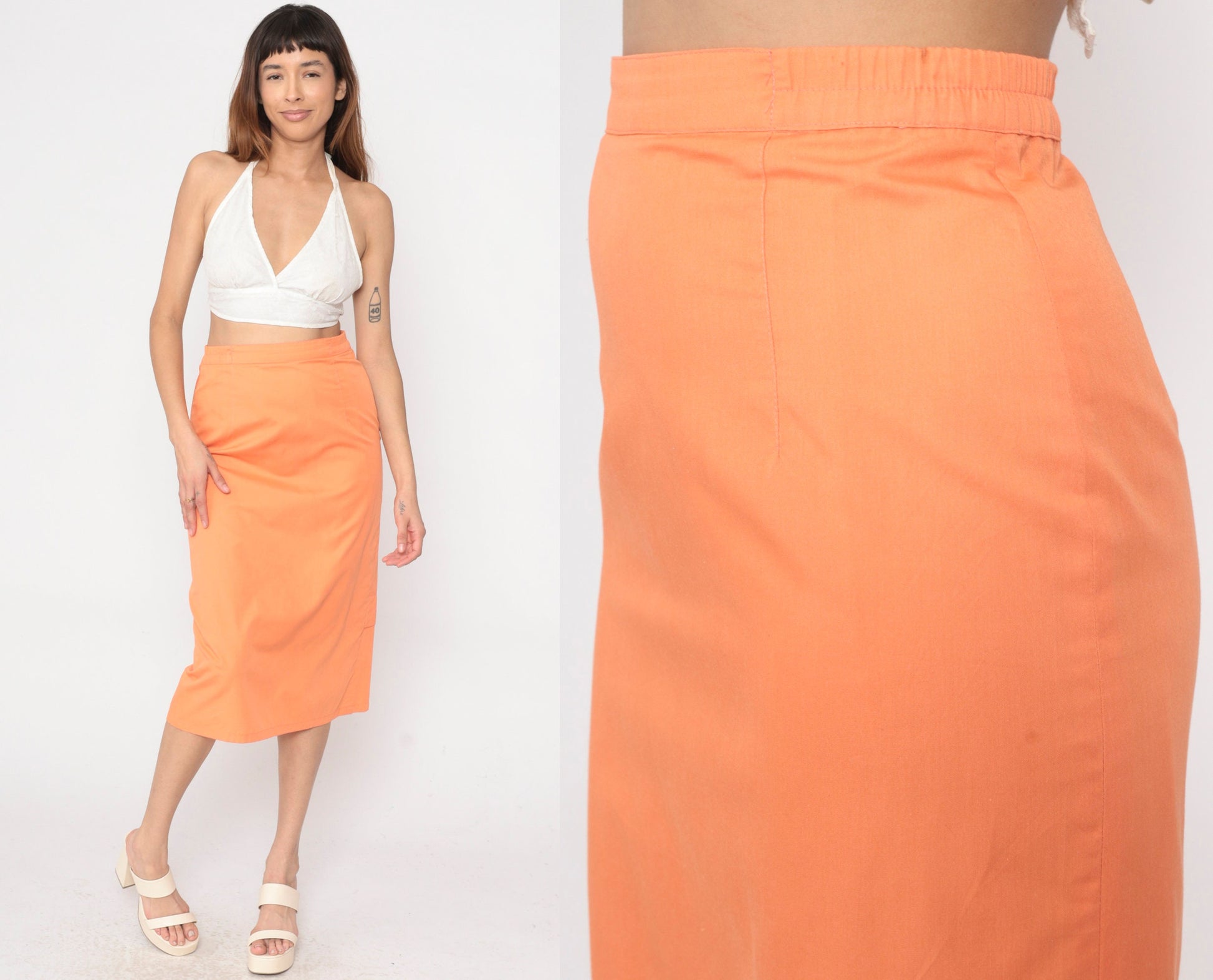 80s Orange Midi Pencil Skirt High Waist Kick Pleat Small