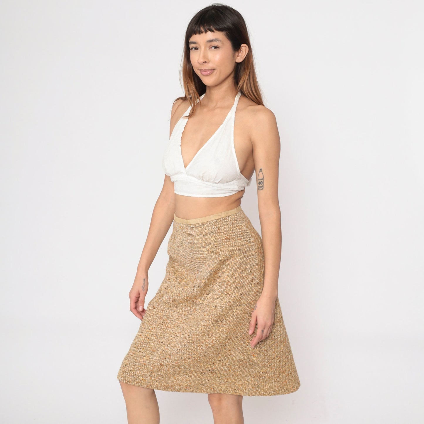 60s Tan Flecked Pencil Skirt High Waisted Tweed-Look Midi Small
