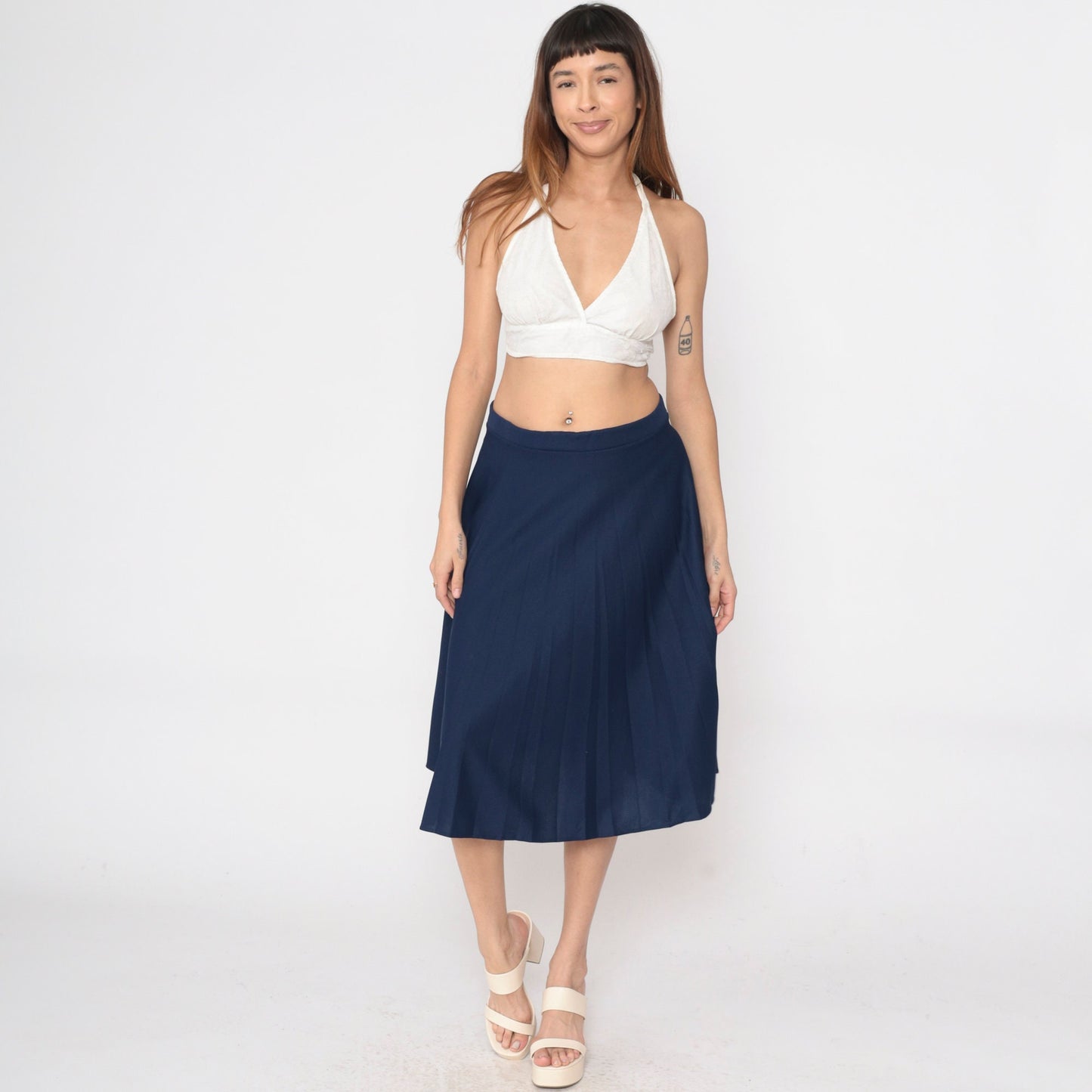 80s Navy Pleated Skirt High Waist Knee Length A-Line Large 14