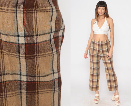 60s Tan Plaid Wool Trousers High Waisted Straight Leg Large L