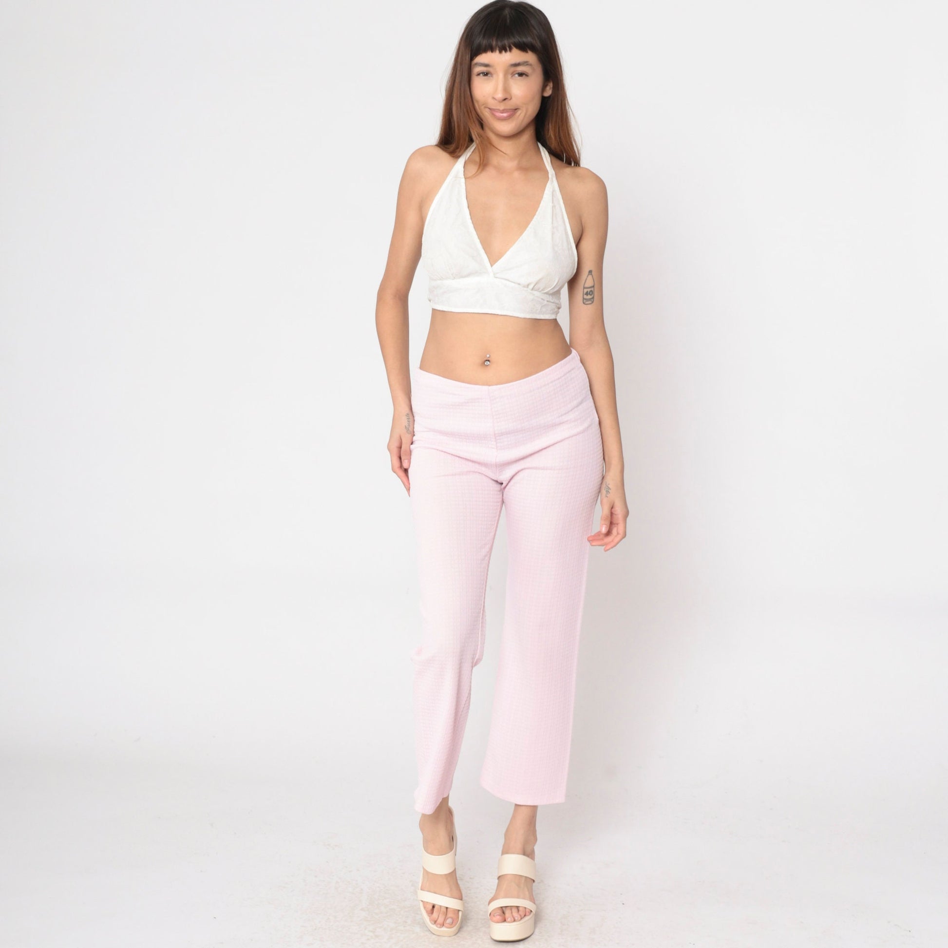70s Baby Pink Flared Trousers High Waist Embossed Checkered Texture Large