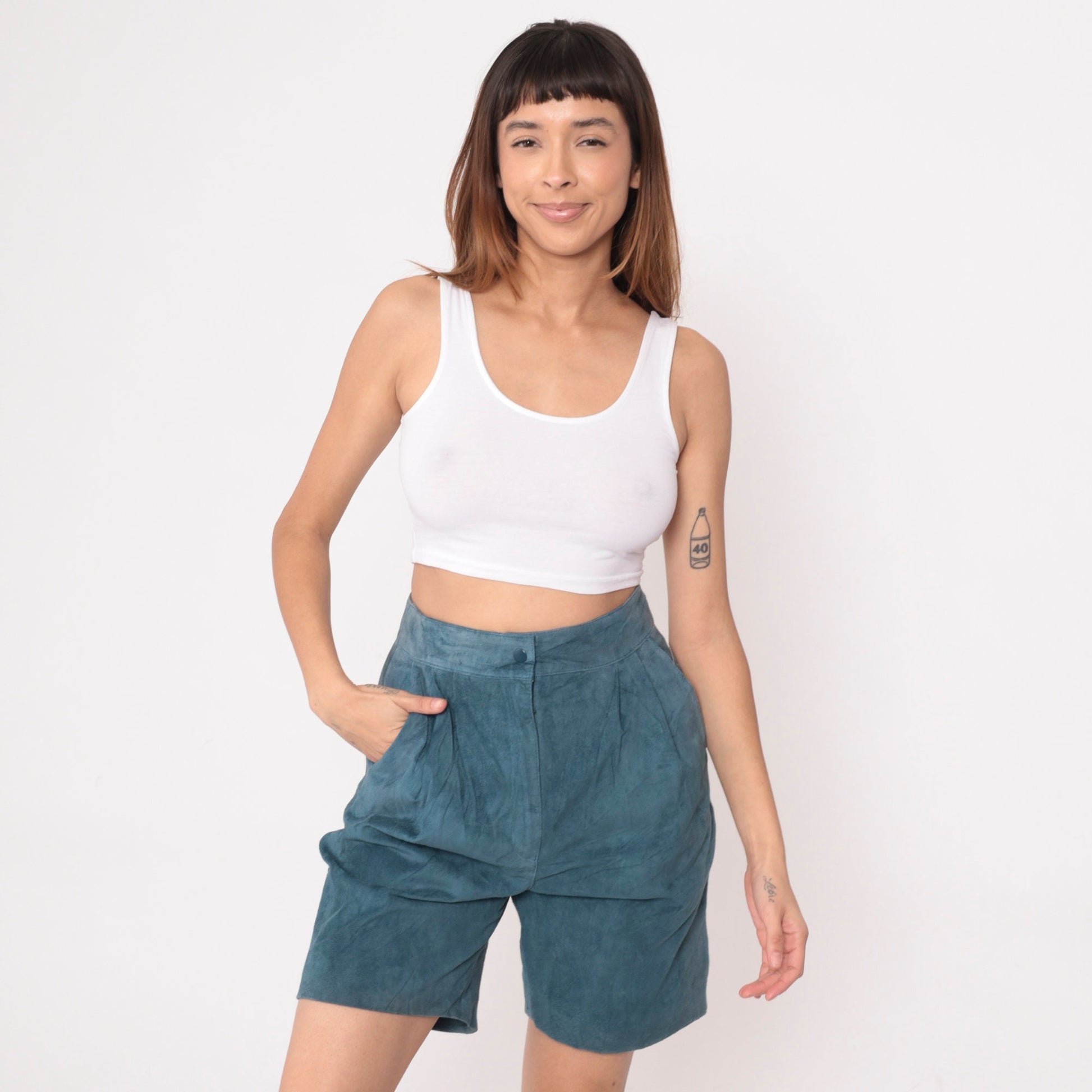 80s Blue Suede High-Waisted Shorts Pleated Front Small