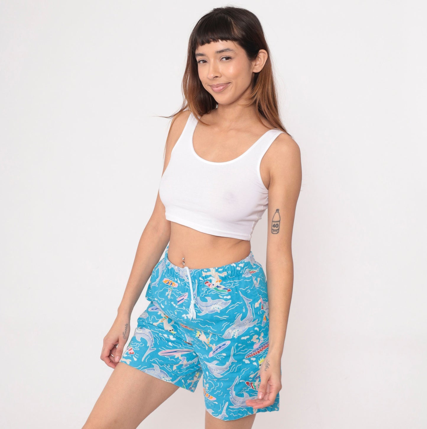 90s Kiwi Surf Shark Surfer Print Swim Shorts Blue Cotton Small