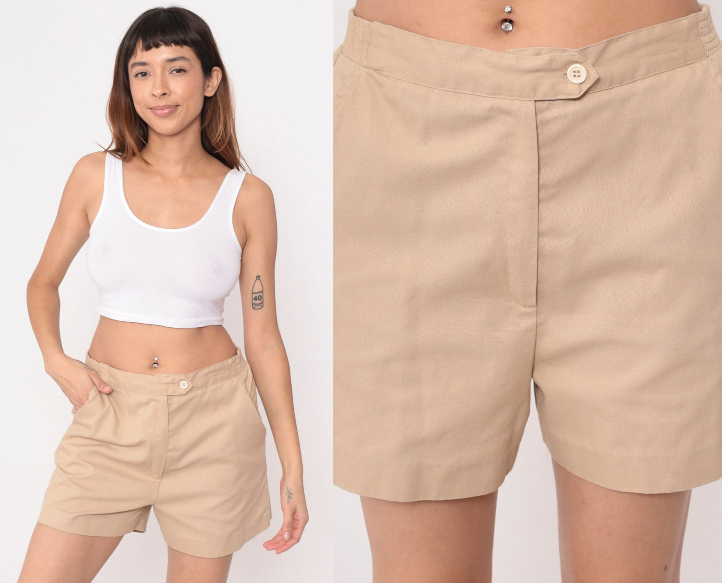 80s Tan High-Waisted Shorts Elastic Waist Cotton Blend Medium