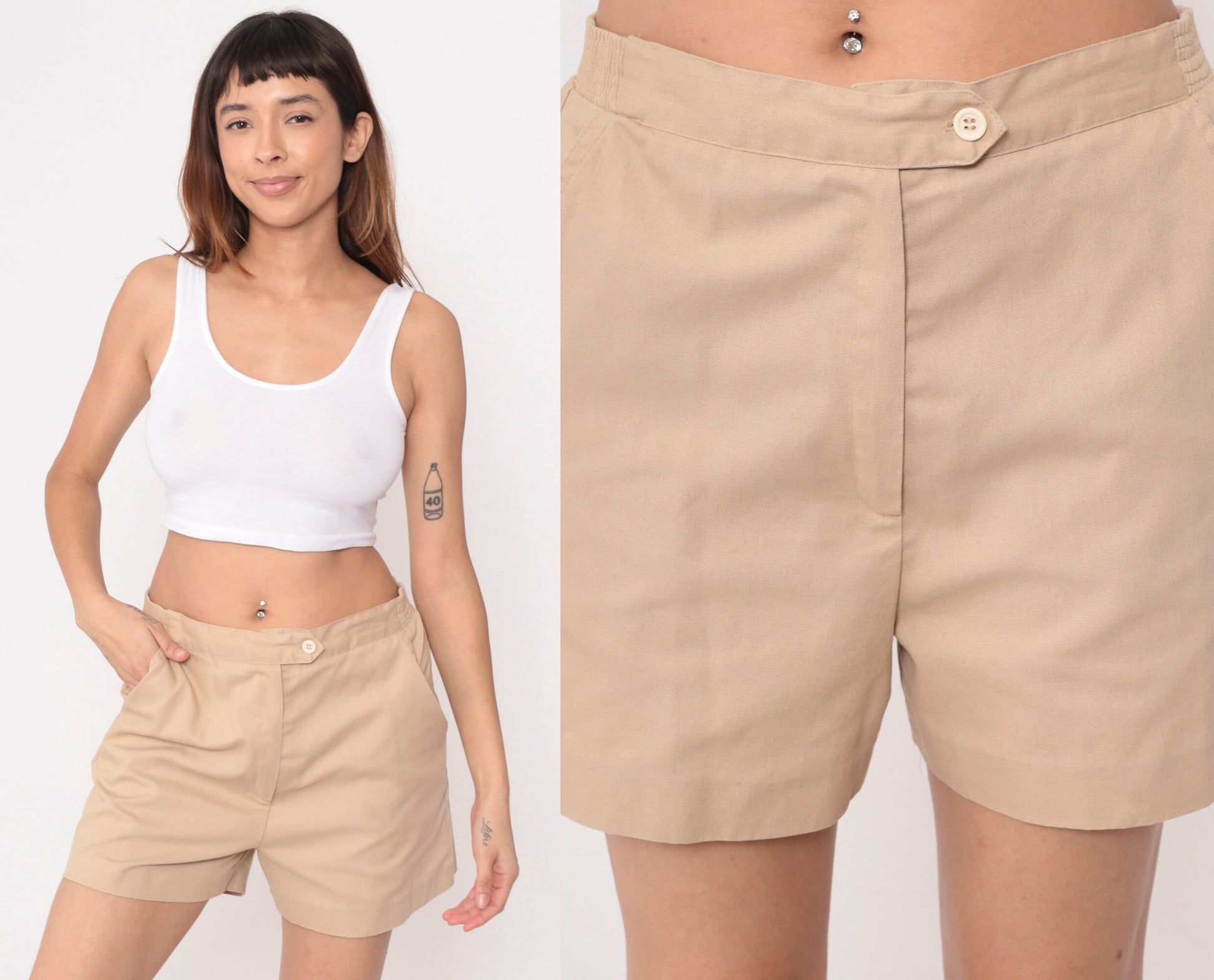 80s Tan High-Waisted Shorts Elastic Waist Cotton Blend Medium