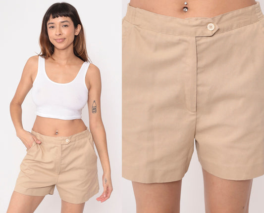 80s Tan High-Waisted Shorts Elastic Waist Cotton Blend Medium